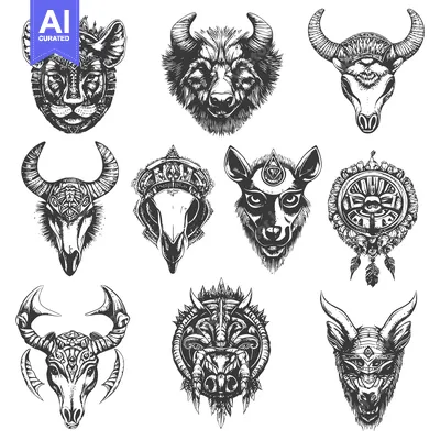 Aset desain premium: Black and White Illustrations of Animal Skulls with Ornate Designs