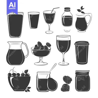Aset desain premium: Black and White Illustrations of Berry Drinks and Foods