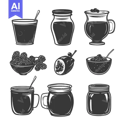 Aset desain premium: Black and White Illustrations of Berry Jam, Fruit, and Jars