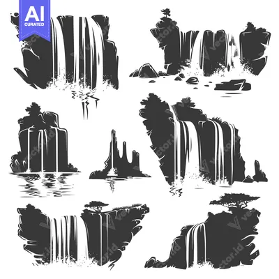 Aset desain premium: Black and White Illustrations of Different Waterfalls