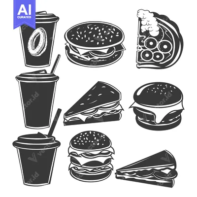 Aset desain premium: Black and White Illustrations of Fast Food Items