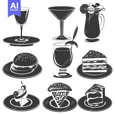 Premium design asset: Black and White Illustrations of Food and Drinks