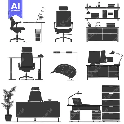 Premium design asset: Black and White Illustrations of Office Furniture and Decor