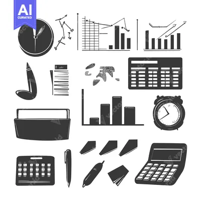 Aset desain premium: Black and White Illustrations of Office Supplies and Charts