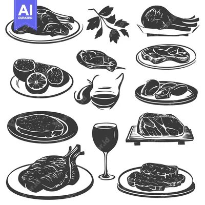 Aset premium populer: Black and White Illustrations of Steaks, Wine, and Citrus Fruit