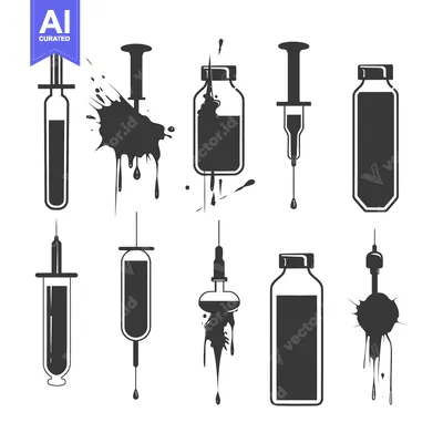 Popular premium asset: Black and White Illustrations of Syringes and Vials with Liquid Spills