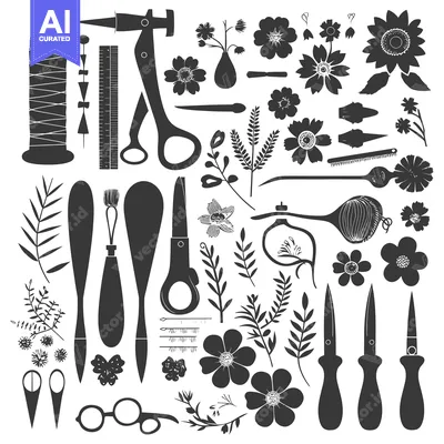 Aset premium populer: Black and White Illustrations of Tools, Flowers, and Plants