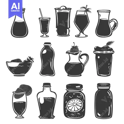 Premium design asset: Black and White Illustrations of Various Beverages in Bottles, Glasses
