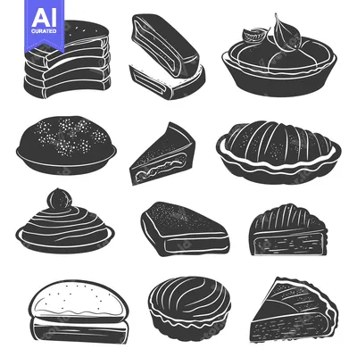 Premium design asset: Black and White Illustrations of Various Cakes and Pies