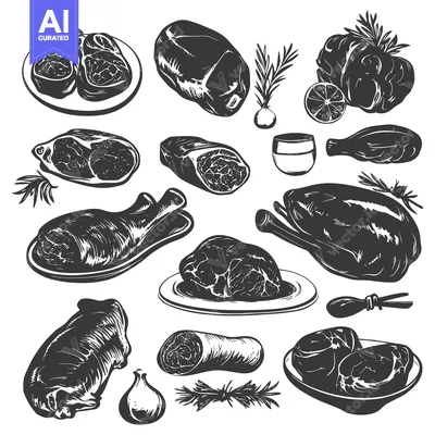 Premium design asset: Black and White Illustrations of Various Cuts of Meat