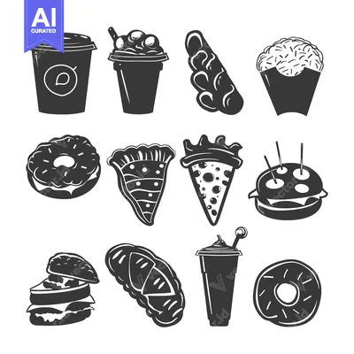 Black and White Illustrations of Various Fast Food Items
