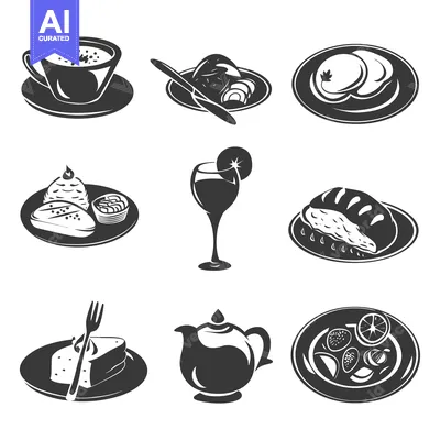 Aset desain premium: Black and White Illustrations of Various Food and Drink Items