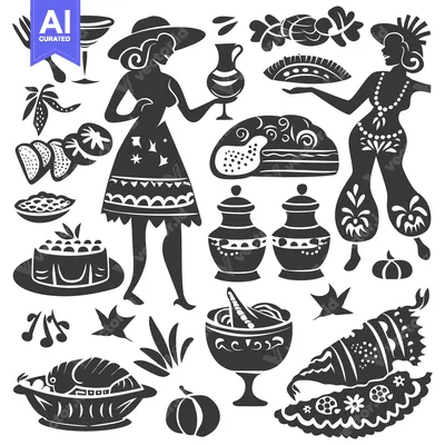 Aset desain premium: Black and white illustrations of various food items, women, and kitche