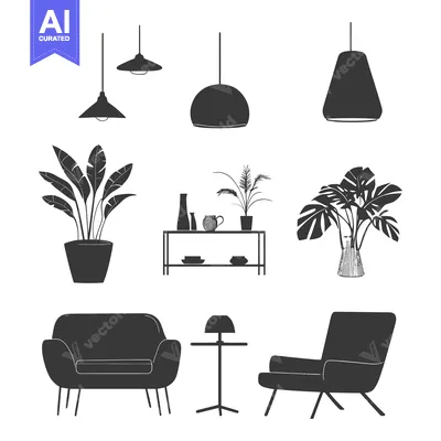 Aset premium populer: Black and White Interior Design Elements with Hanging Lights, Plants,