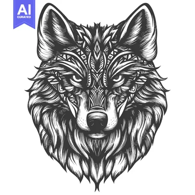Aset premium populer: Black and White Intricate Geometric Pattern Wolf Head