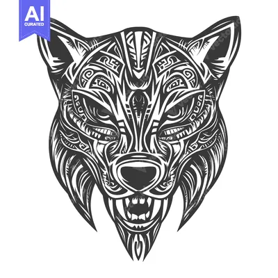 Aset premium populer: Black and White Intricately Designed Wolf Head