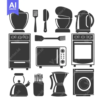 Aset desain premium: Black and White Kitchen Appliances and Utensils Icons