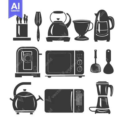 Premium design asset: Black and White Kitchen Appliances and Utensils Icon Set