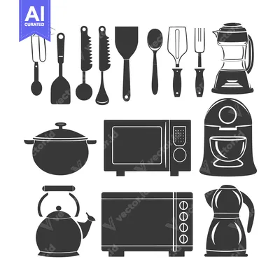 Aset desain premium: Black and White Kitchen Utensil and Appliance Icons