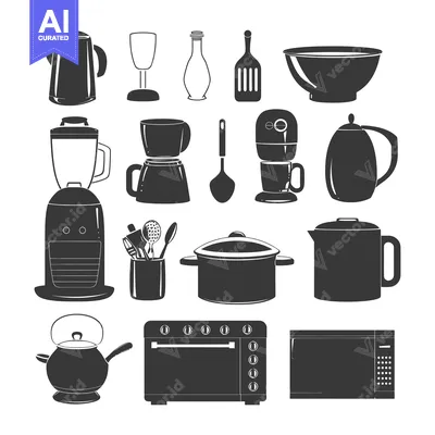 Aset desain premium: Black and White Kitchen Utensils and Appliances Icons