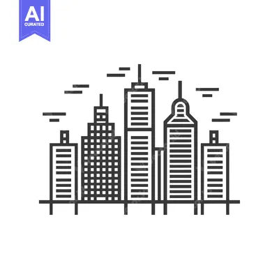 Premium design asset: Black and White Line Art City Skyline with Buildings and Wind