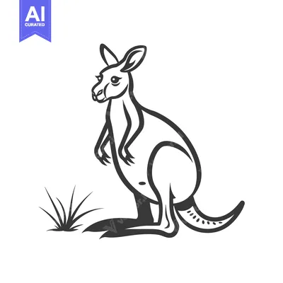 Premium design asset: Black and white line art drawing of a kangaroo standing in grass
