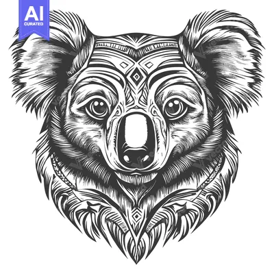 Aset desain premium: Black and White Line Art Drawing of a Koala with Tribal Pattern