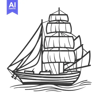 Aset desain premium: Black and white line art drawing of a sailboat with multiple sails