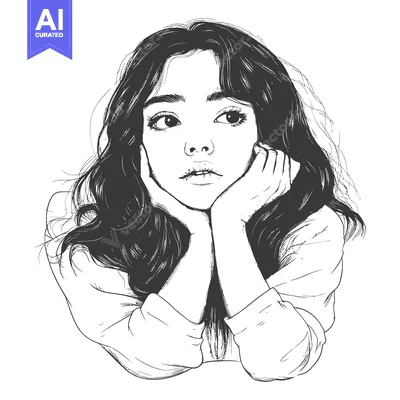 Premium design asset: Black and White Line Art Drawing of a Young Woman with Long Hair, Look