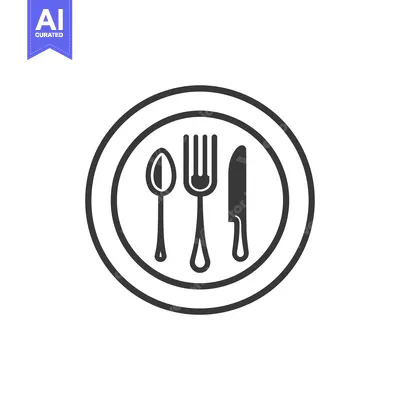 Aset desain premium: Black and white line art icon of a plate, fork, knife, and spoon