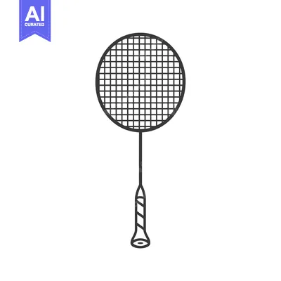Black and White Line Art Illustration of a Badminton Racquet