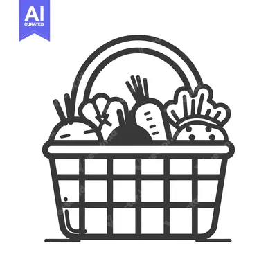 Premium design asset: Black and white line art illustration of a basket of vegetables