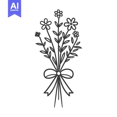 Aset desain premium: Black and White Line Art Illustration of a Bouquet of Flowers Tied wit