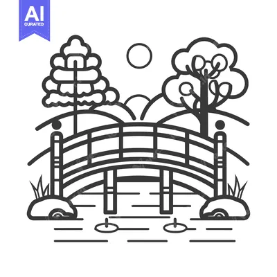 Popular premium asset: Black and White Line Art Illustration of a Bridge in a Landscape with