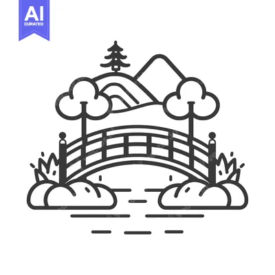 Aset desain premium: Black and White Line Art Illustration of a Bridge Over a River in a La