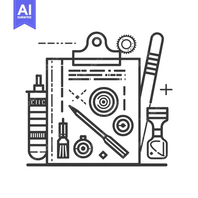 Popular premium asset: Black and white line art illustration of a clipboard, tools, and other