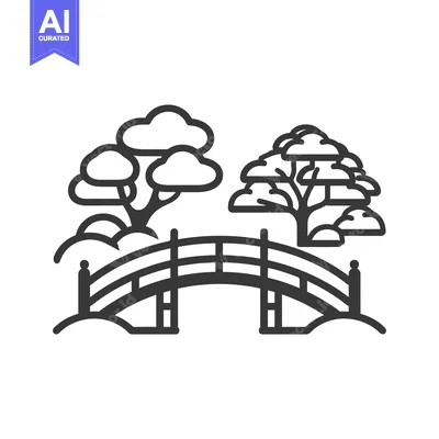 Popular premium asset: Black and White Line Art Illustration of a Curved Bridge with Two Tree