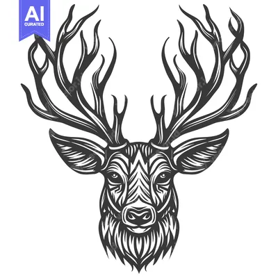 Aset desain premium: Black and White Line Art Illustration of a Deer Head