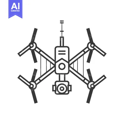 Aset desain premium: Black and white line art illustration of a drone with four propellers