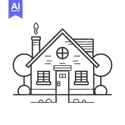 Aset premium populer: Black and white line art illustration of a house with smoke coming fro