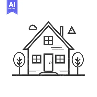 Aset desain premium: Black and White Line Art Illustration of a House with Trees