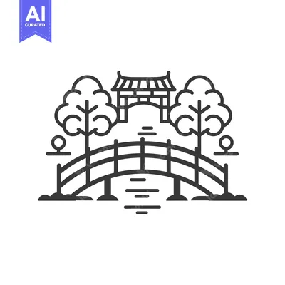 Aset premium populer: Black and white line art illustration of a Japanese garden with a brid