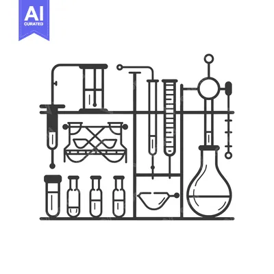 Aset desain premium: Black and white line art illustration of a laboratory with beakers, fl