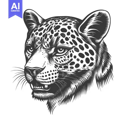 Aset desain premium: Black and White Line Art Illustration of a Leopard's Head