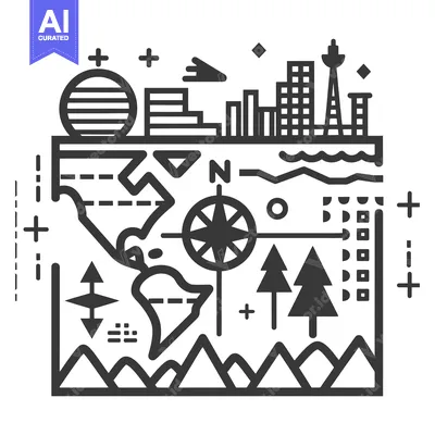 Aset desain premium: Black and white line art illustration of a map with various landmarks
