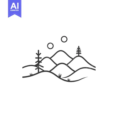 Premium design asset: Black and White Line Art Illustration of a Mountain Range with Trees a