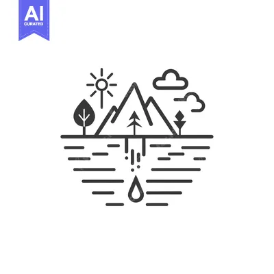 Aset premium populer: Black and white line art illustration of a mountain with a single wate