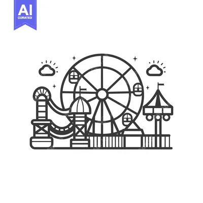 Popular premium asset: Black and White Line Art Illustration of an Amusement Park