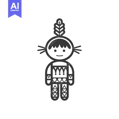Aset desain premium: Black and white line art illustration of a Native American doll