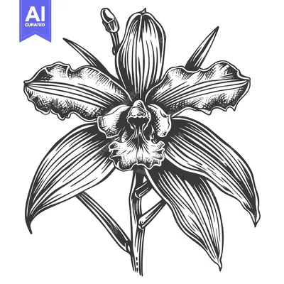 Black and White Line Art Illustration of an Orchid Flower